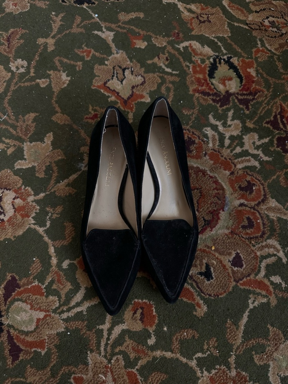 Black Suede Pointed Toe Block Heel Pumps - Picture 2 of 8